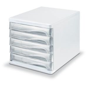 Schubladenbox aus Kunststoff in weiß, Schubladen in glasklar.