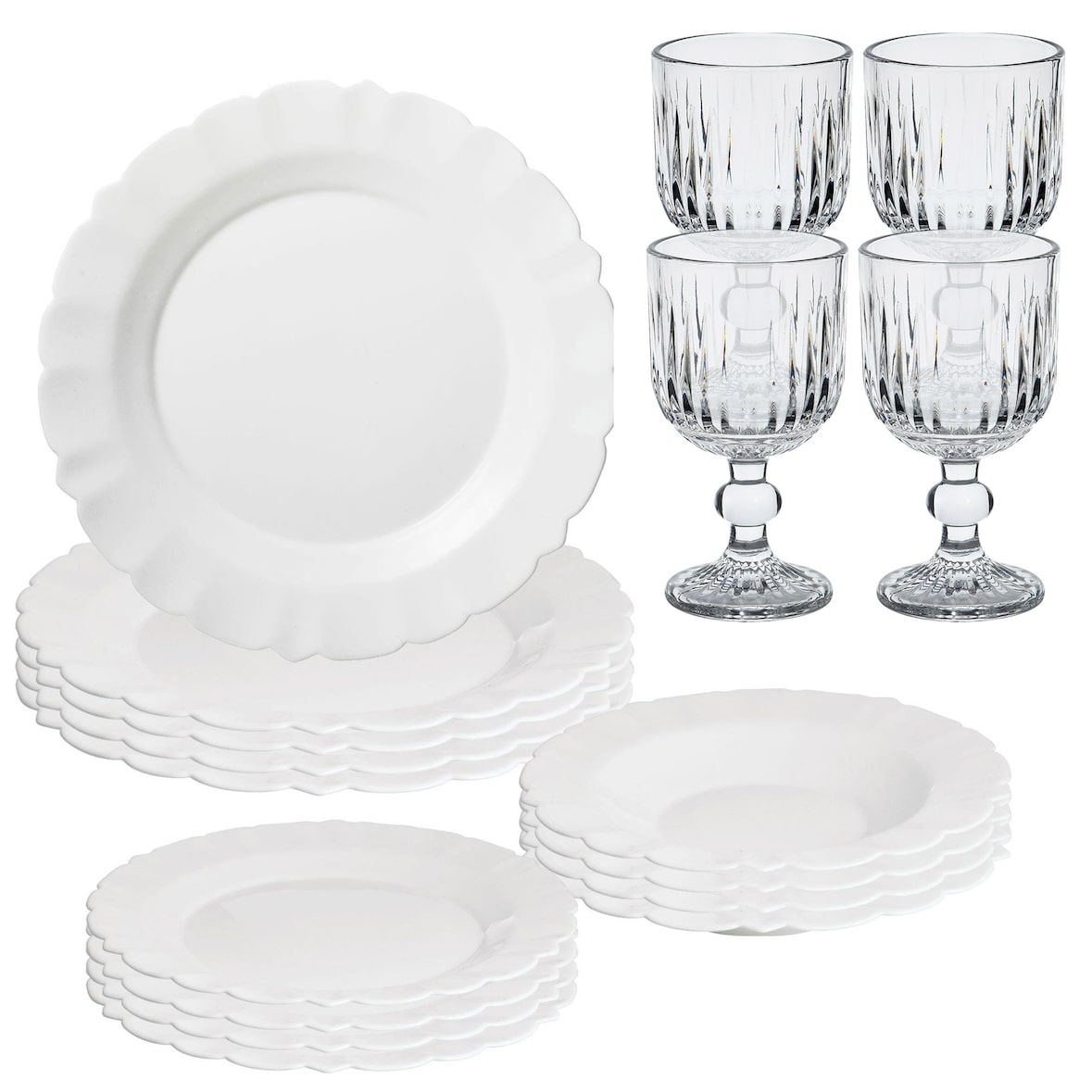 San Ignacio – 12-teiliges Geschirrset aus Opalglas Weiß mit 4 Gläsern aus Kristallglas à 300 ml