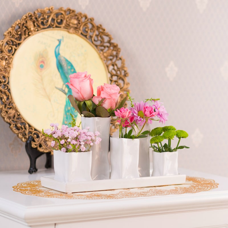 Jinfa Handgefertigte kleine Keramik Deko Blumenvasen Set aus 5 Vasen in weiß
