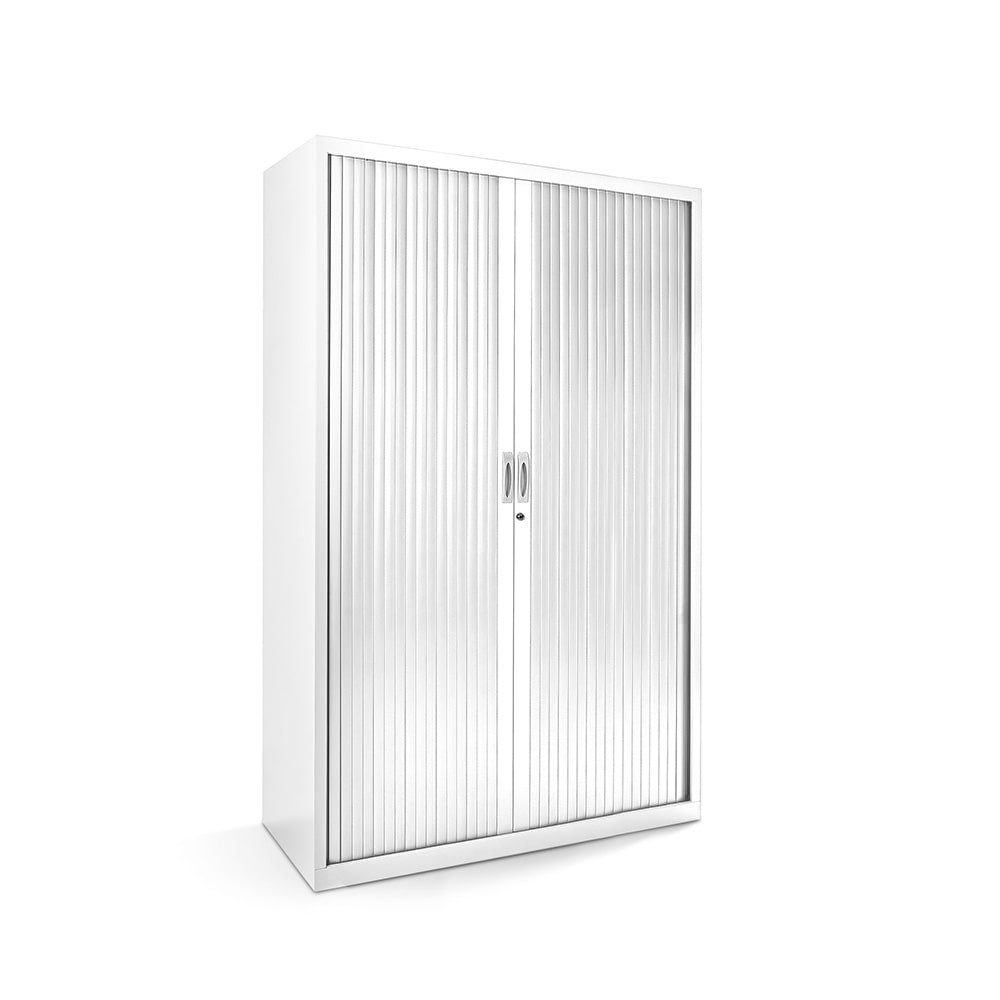 Armário metálico Rocada com persiana 120x198x45cm (comprimento x altura x profundidade) ral 9003 inclui 4 prateleiras cor branca.