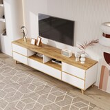 thumbnail of Modernes TV-Gerätemöbel 175x37x51 in Weiß & Holz mit Stauraum, 4 Türen und praktischen Fächern für Mediengeräte