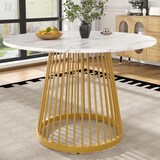 thumbnail of Esstisch rund 80x80x76  Weiß+Gold MDF Tischplatte Metallbeine mit marmorierter Optik für Esszimmer Wohnzimmer Büro verstellbare Bodenschoner