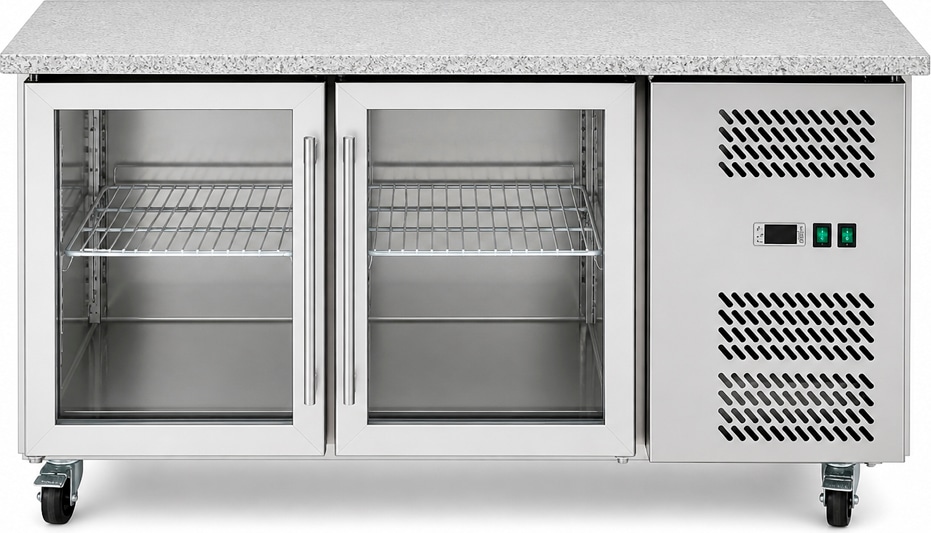 Romux® Kühltisch mit 2 Glastüren 136x70 cm mit Marmor-Arbeitsplatte und Luftkühlung | Theken Kühlschrank aus Edelstahl mit 282 L und 650 W