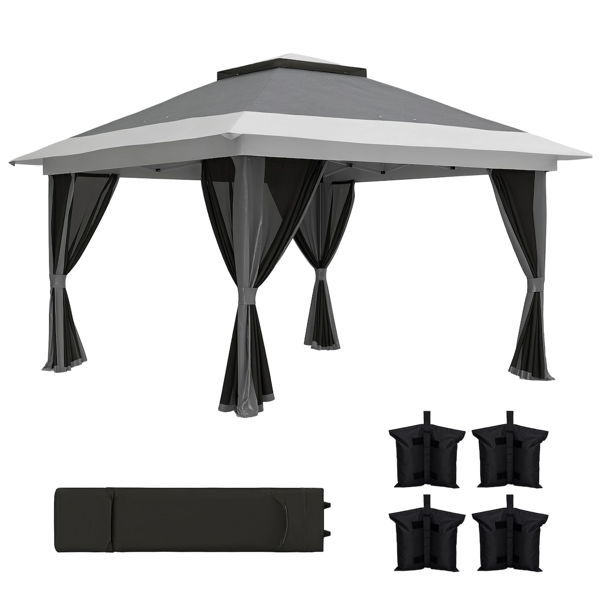 Outsunny carpa plegable gazebo 3,6x3,6 m con 4 paredes laterales de malla anti-UV altura ajustable bolsa de arena y bolsa de transporte gris oscuro