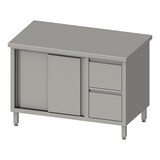 thumbnail of Stalgast Edelstahl Arbeitsschrank mit Schiebetüren, 1300x700x850 mm, mit 2er Schubladenblock rechts, ohne Aufkantung, verschweißt