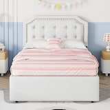 thumbnail of Polsterbett 90x200 mit Stauraum, Bettgestell mit zwei Schubladen, verstellbarer Nachttisch, gepolstertes Einzelbett mit Leinenbezug Hellbeige