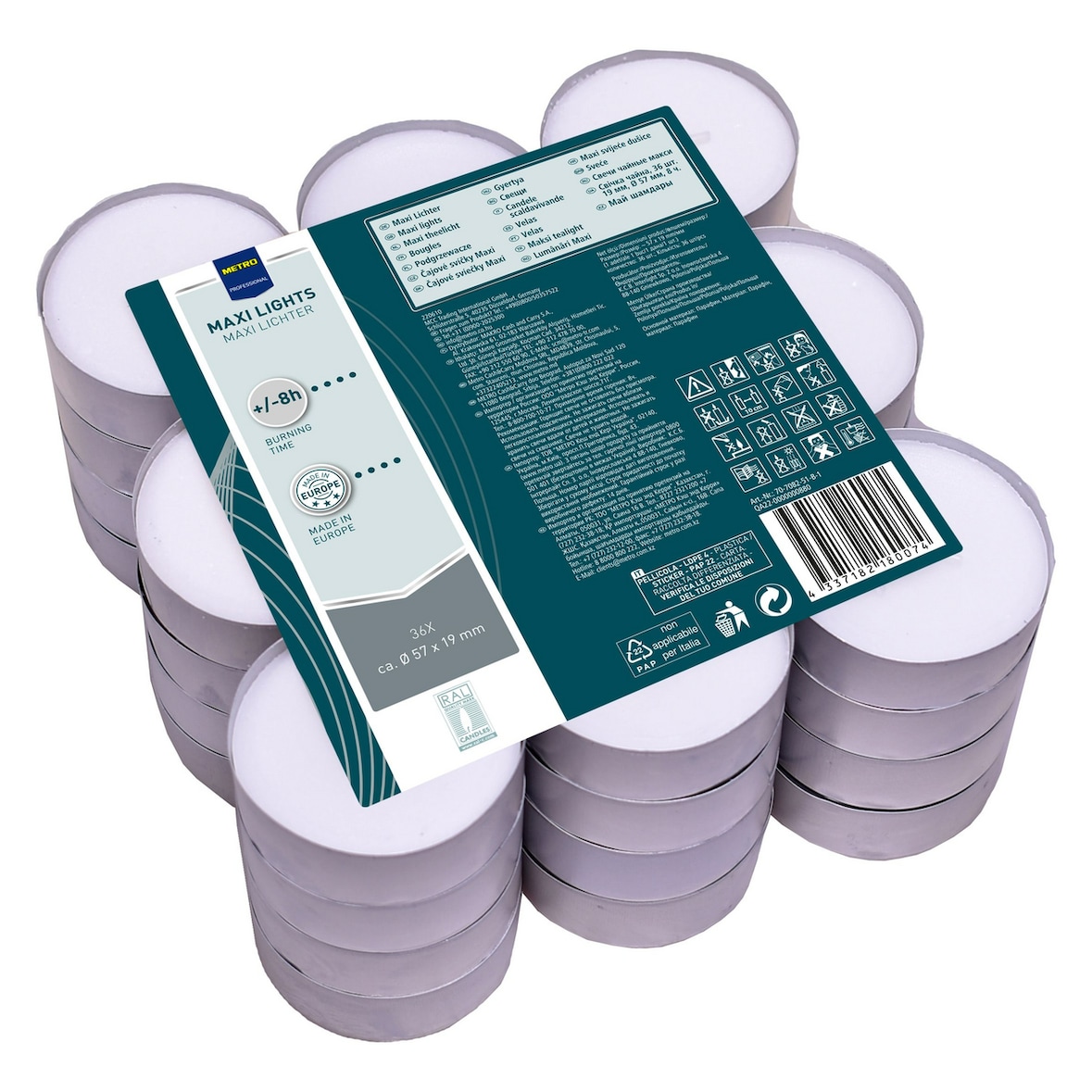 METRO Professional Maxi theelichtjes, paraffine, Ø 5,7 x 1,9 cm, 8 branduren, wit, 36 stuks