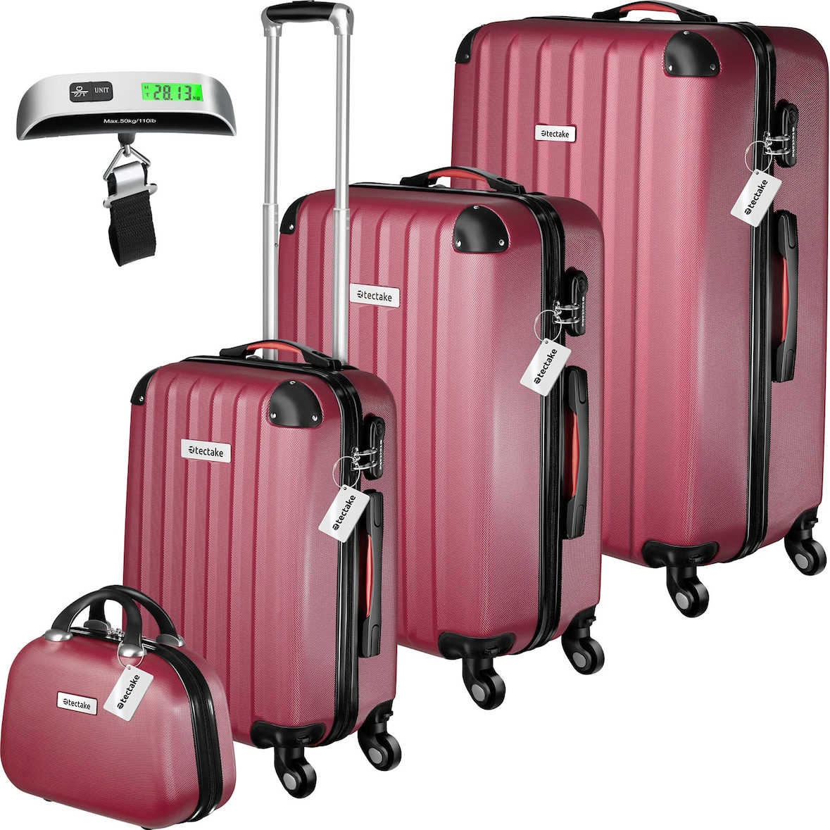 tectake Set de valises rigides Cleo 4 pièces avec pèse-valise 48 x 30,5 x 75 cm Rouge Bordeaux