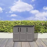 Caja de almacenamiento exterior gris con tapa negra.