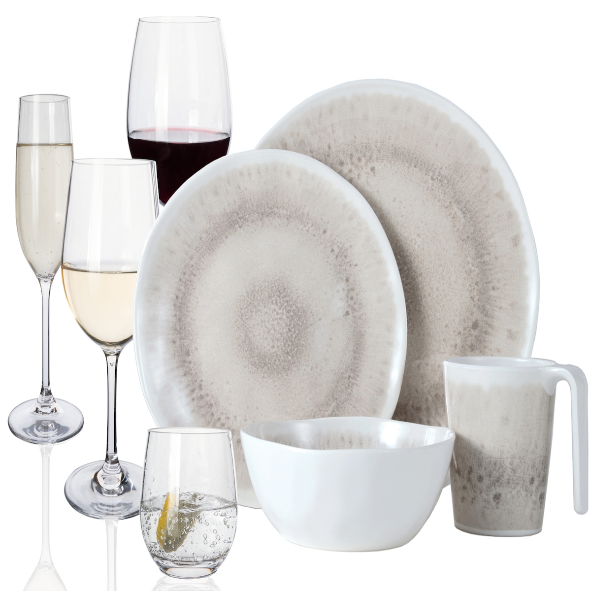 Moritz Melamin Geschirr-Set 4 Personen Amboss Design 16 Teilig + 16 Gläser Wasser Weingläser Champagner Tafelgeschirr Picknick BBQ Kochgeschirr