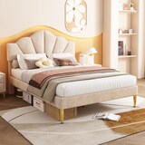 thumbnail of Luxuriöses Polsterbett 90x200 Beige mit verstellbarem Kopfteil, goldenen Eisenbeinen, stabilem Massivholzrahmen und Stauraum