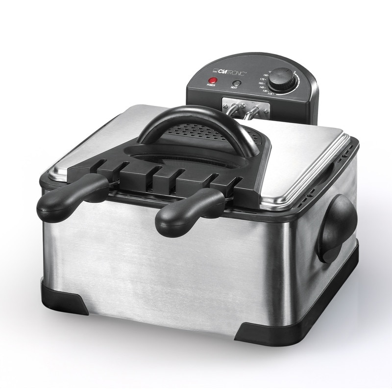 Clatronic FR 3195 Freidora Eléctrica Doble, 4 L, Acero Inoxidable, 2 Cestas Pequeña y 1 Cesta Grande, Desmontable, 2000W, Nero/Argento