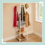 thumbnail of Relaxdays Garderobenständer, 3 Ablagen u. 8 Haken, HBT: 181x43x43 cm, Jackenständer mit Korb, Flur, Metall, weiß/natur