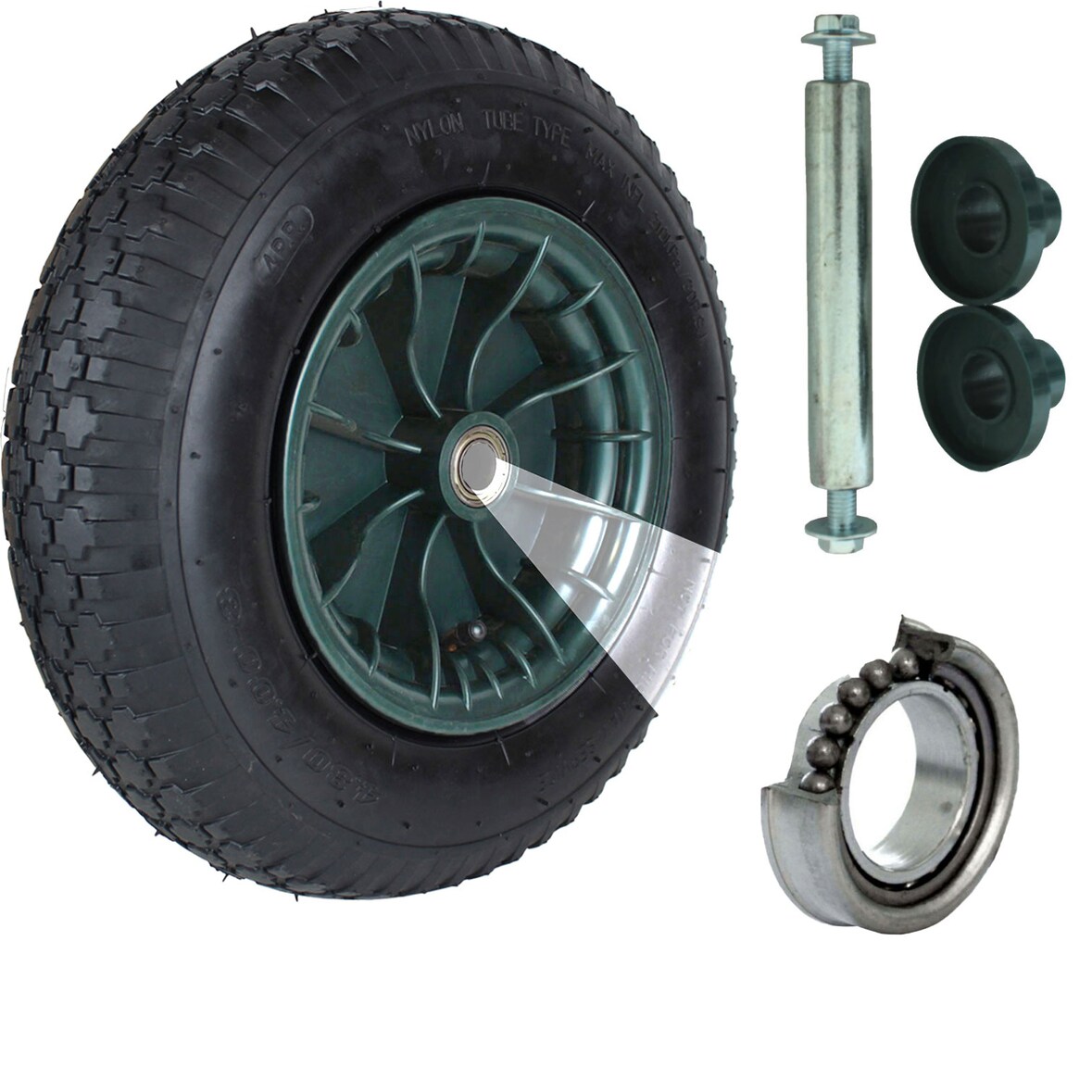 Schubkarrenrad 4.80 / 4.00-8 mit Achse Schutzkappen 200 Kg Luftrad Ersatzrad