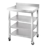 thumbnail of Mesa de trabajo de acero inoxidable Bar 800x700 mm con 3 estantes inferiores y respaldo sobre ruedas PREMIUM - GOLDINOX