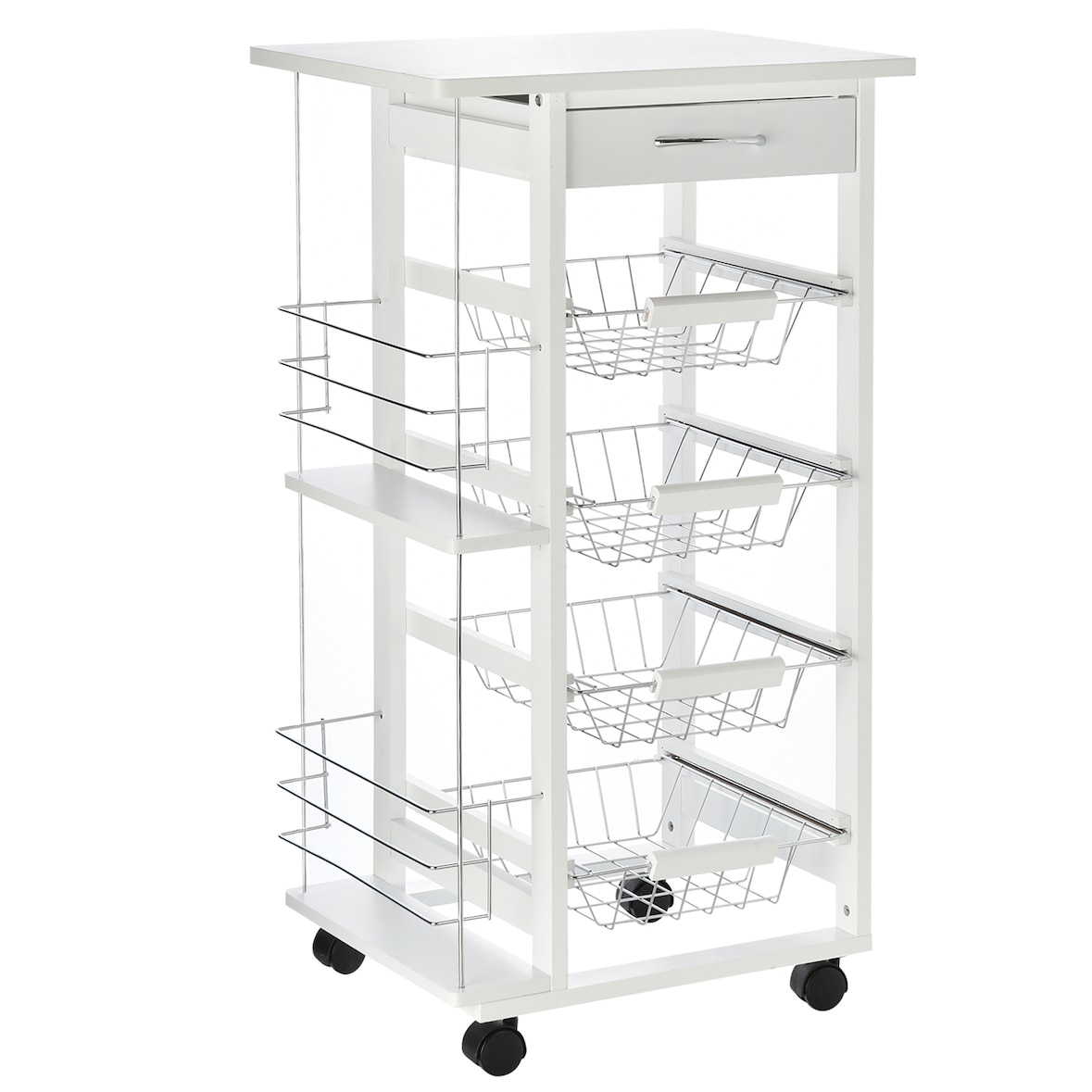 Carrito de Cocina con Ruedas Carro Multiusos con Cajón 4 Cestas Extraíbles de Metal y Bastidores Laterales 47x37x83 cm Blanco