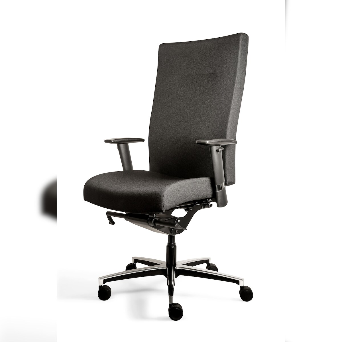 Bürodrehstuhl XL mit Armlehnen, gepolstert, Lordosenstütze, Alu Fußkreuz, schwarz