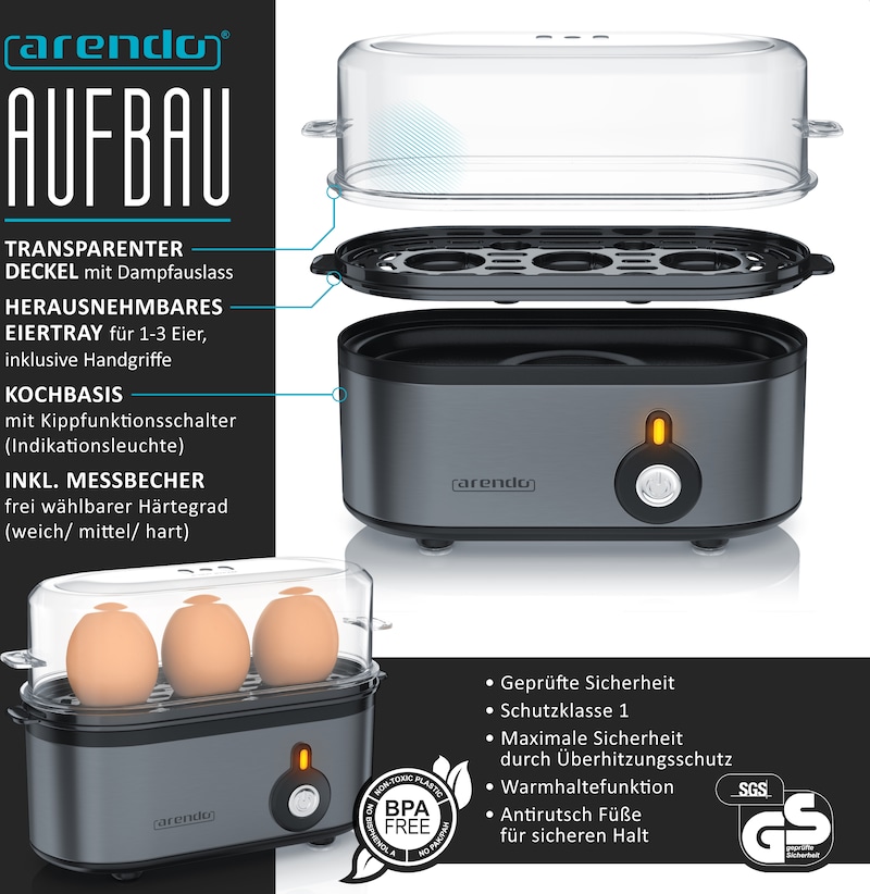 Arendo Frühstücks-Set in grau Wasserkocher / Toaster / Eierkocher