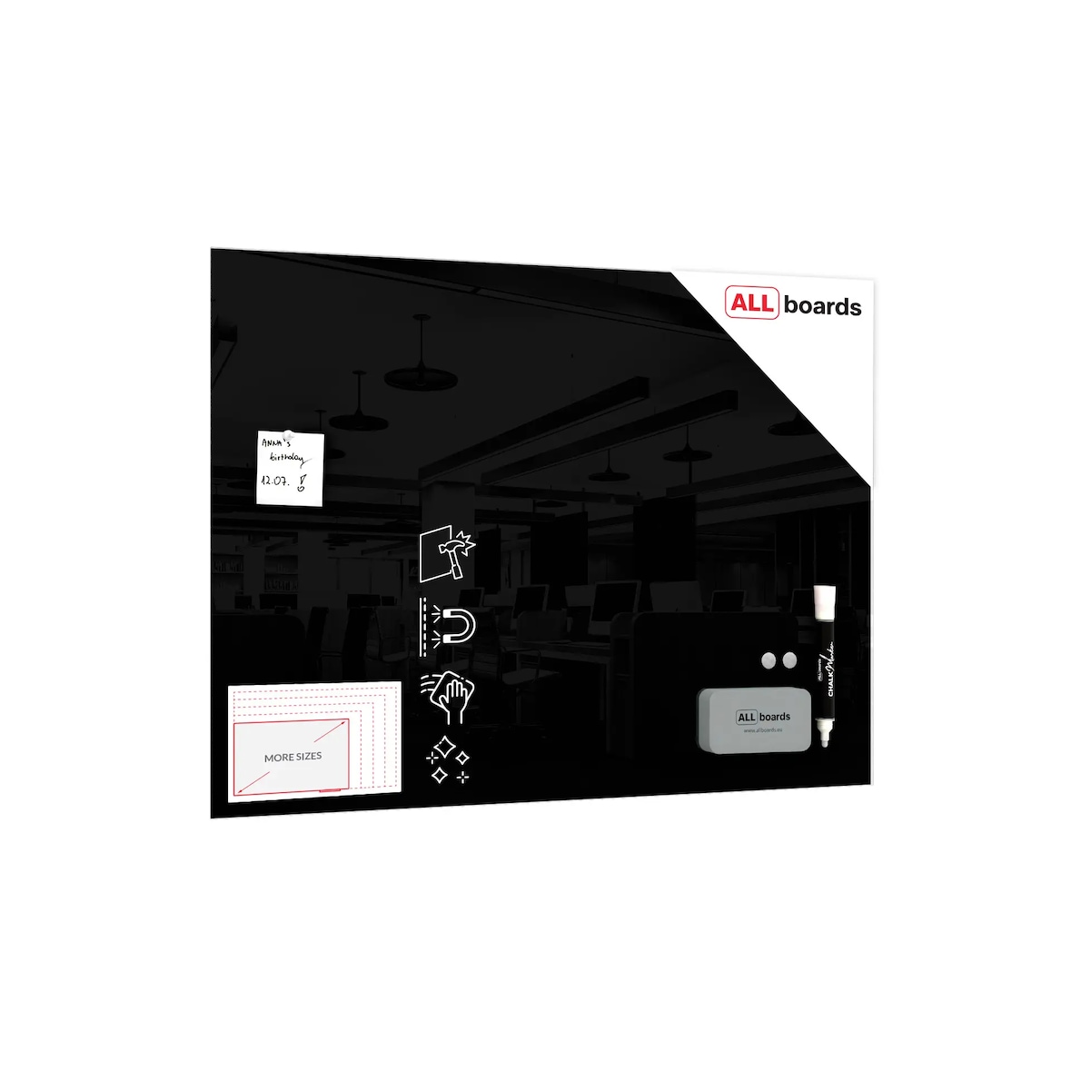 ALLboards Lavagna in vetro nera magnetica 100x70 cm CLASSIC