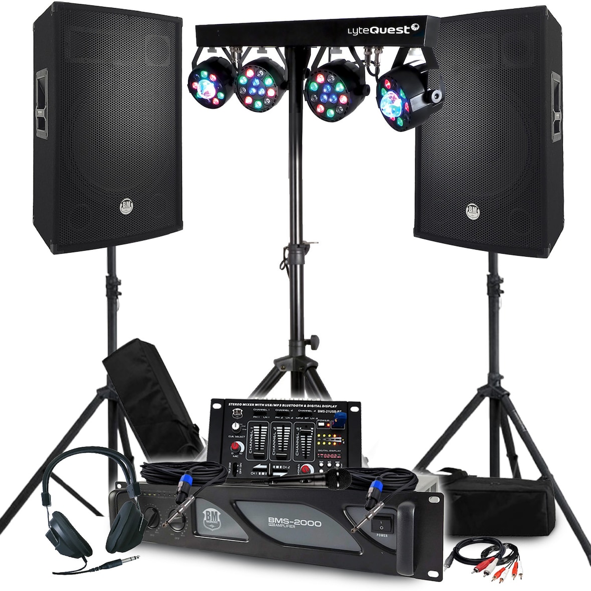 Pack Sono BM SONIC Amplificateur 2000W, Enceintes Passives 2x700W, Pieds, Table de Mixage, Portiques 8 Lumières Xperformer