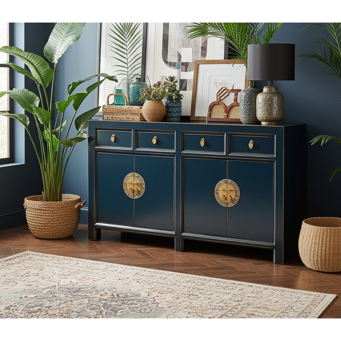 OPIUM OUTLET Asia Meubles Commode Buffet Armoire sideboard console chiffonnier 31196 bleu foncé asiatique chinois oriental entièrement monté
