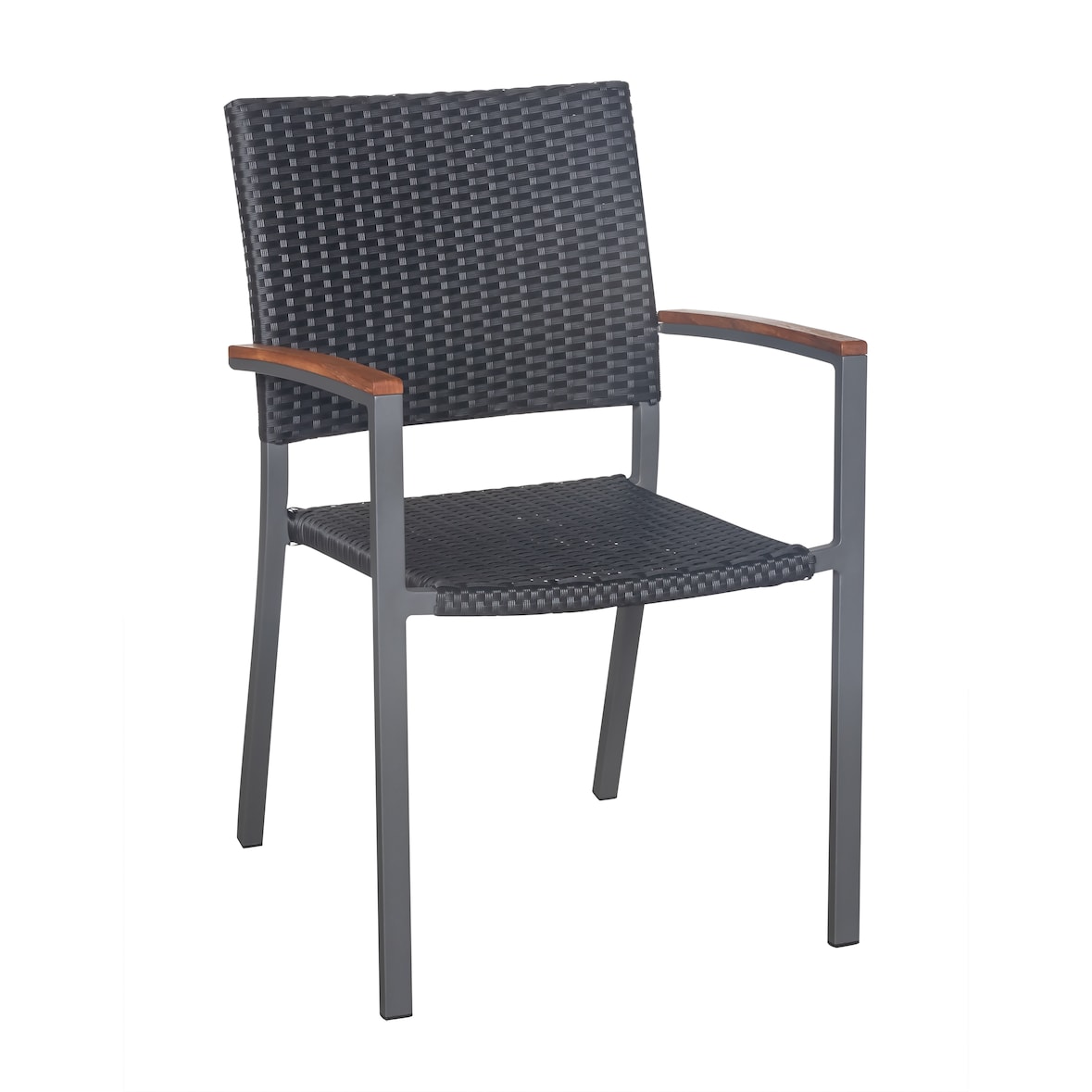 METRO PROFESSIONAL Sedia impilabile con braccioli Raikki, alluminio/polirattan/legno di teak, nero/grigio