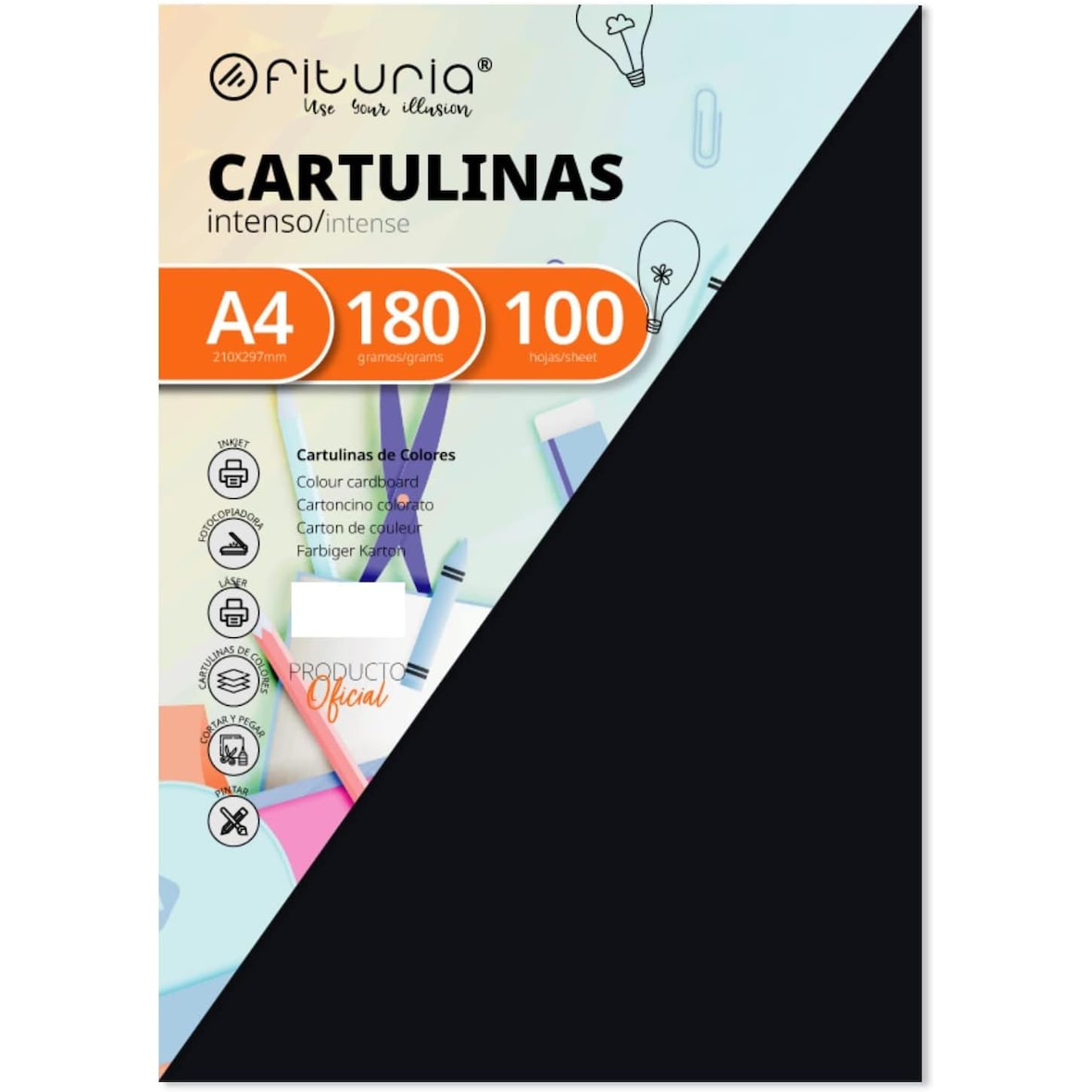Pack 100 Negro, Cartulina A4 180g, Colores para Manualidades, Diseños Creativos y Proyectos de Arte · Ofituria