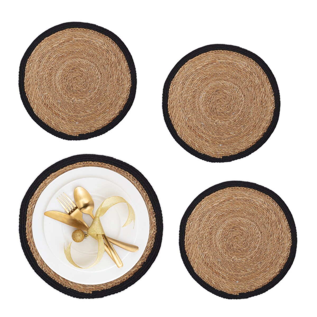Relaxdays Tischset 4-teilig, für Esstisch, Wasserhyazinthe, Platzdecken, runde Telleruntersetzer, Ø 37 cm, natur/schwarz