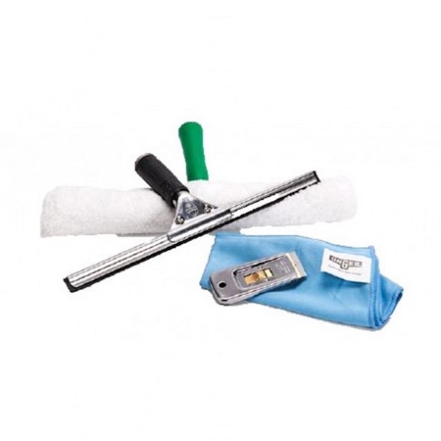 Kit pour nettoyage de vitres PRO 4 en 1 Advanced - un mouilleur 35 cm, raclette souple 35 cm, grattoir et chiffon microfibre - UNGER