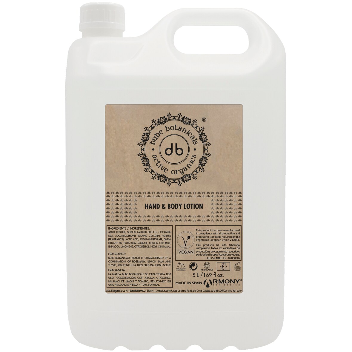 Bube Botanicals garrafa loción de manos y cuerpo 5L. Gracias a su fórmula vegana nutre la piel en profundidad. Producto Vegano.