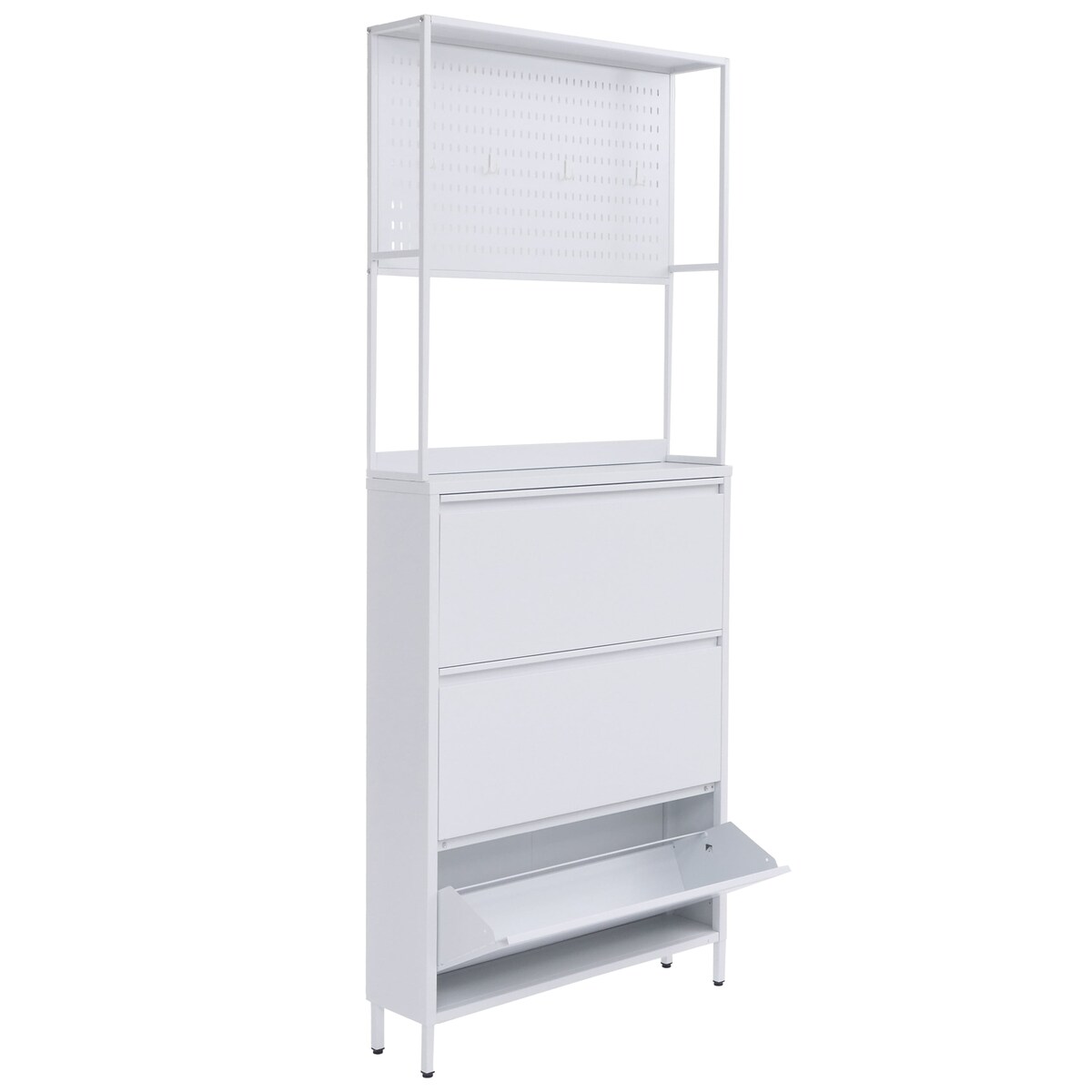 Mendler Schuhschrank HWC-O86, Schuhregal Schuhkipper, 3 Kippfächer Ablage Haken Metall 201x80x20cm ~ weiß