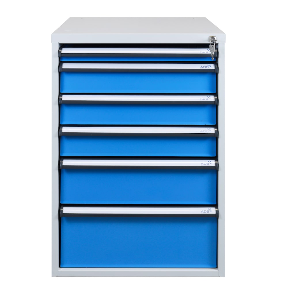 PROREGAL Schubladenbox mit 6 Schubladen für Werkbank Rhino| HxBxT 80x53x70cm | Traglast 60kg | Lichtgrau/Lichtblau