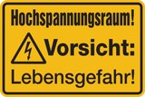 thumbnail of Warnschild, Hochspannungsraum! Vorsicht: Lebensgefahr!, 200 x 300 mm, Aluminium - 300x200x0.45 mm Aluminium geprägt