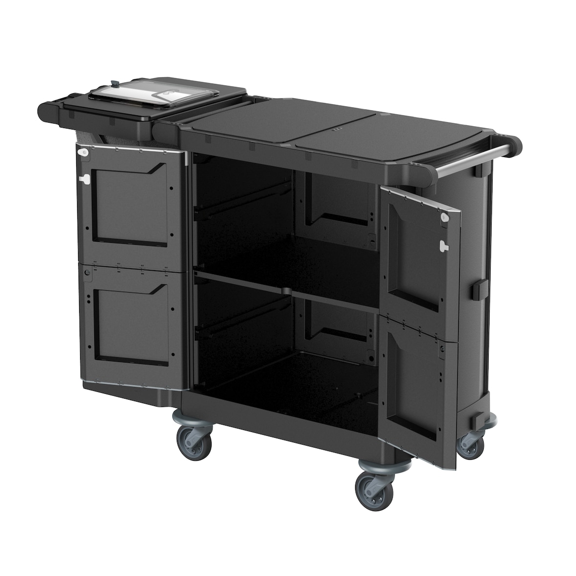 TWT Carrello per la pulizia multiuso e hotel Opera 5.3 Re use  in polipropilene riciclabile, con doppie porte e supporto sacco. Ripiano interno.nero.