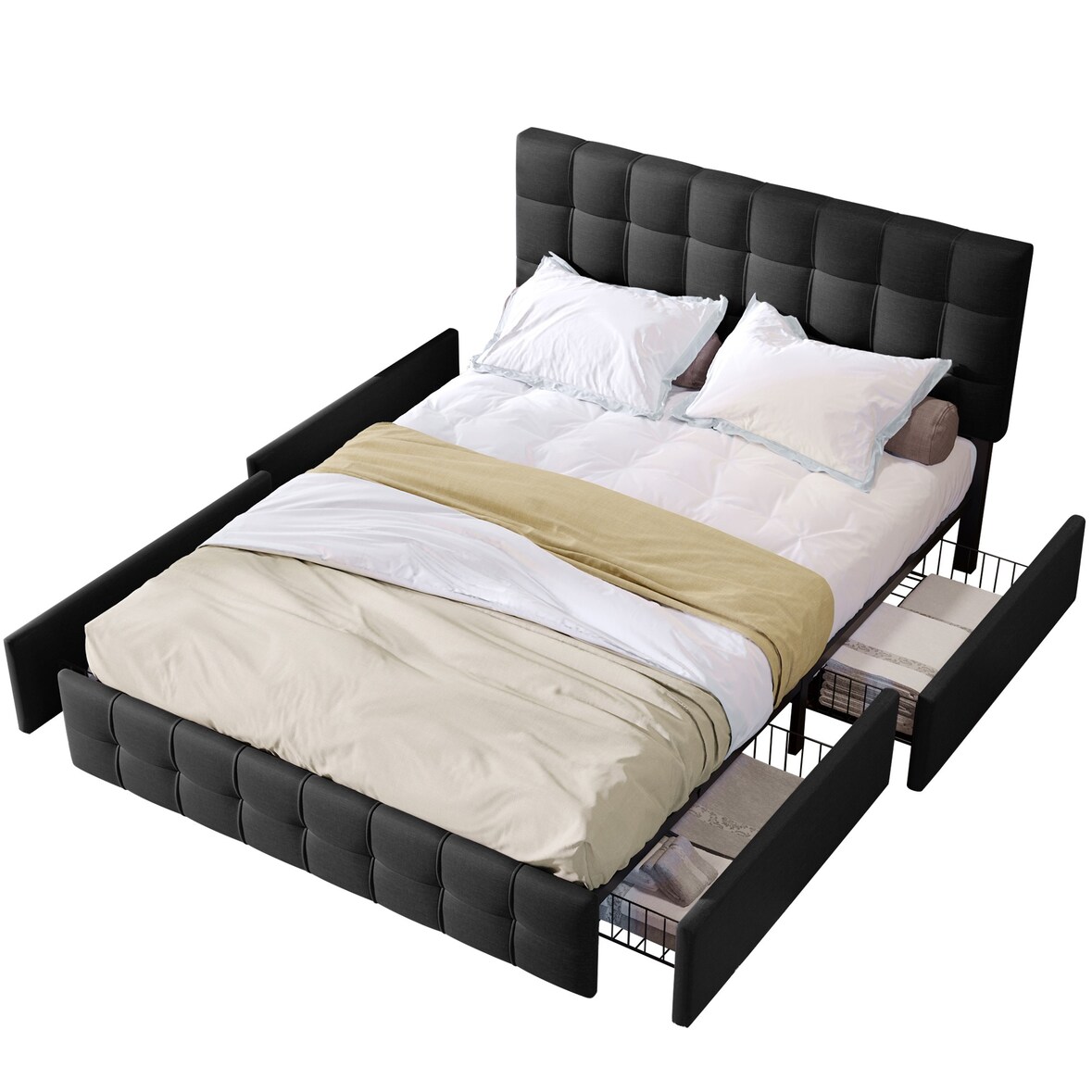 Polsterbett 140x200 mit 4 Schubladen, höhenverstellbares Kopfteil, Stauraumbett Modern Komfort Metallrahmen Schwarz Leinen
