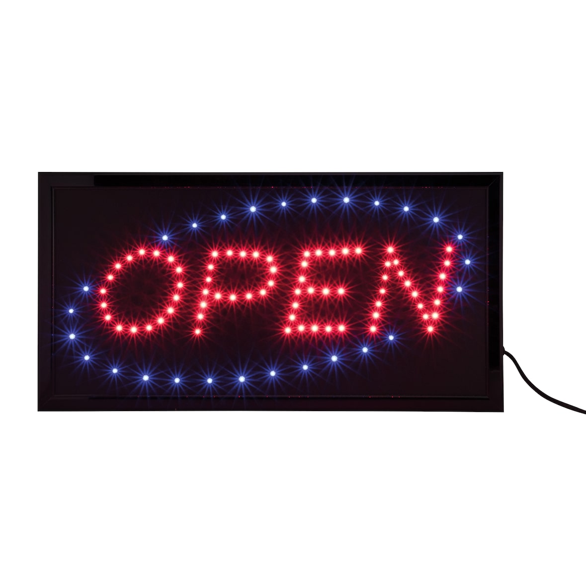 Securit® Insegna LED – OPEN – Luci Rosse & Blu Lampeggianti – Nera – Alimentatore 220V e Cavo 130 cm