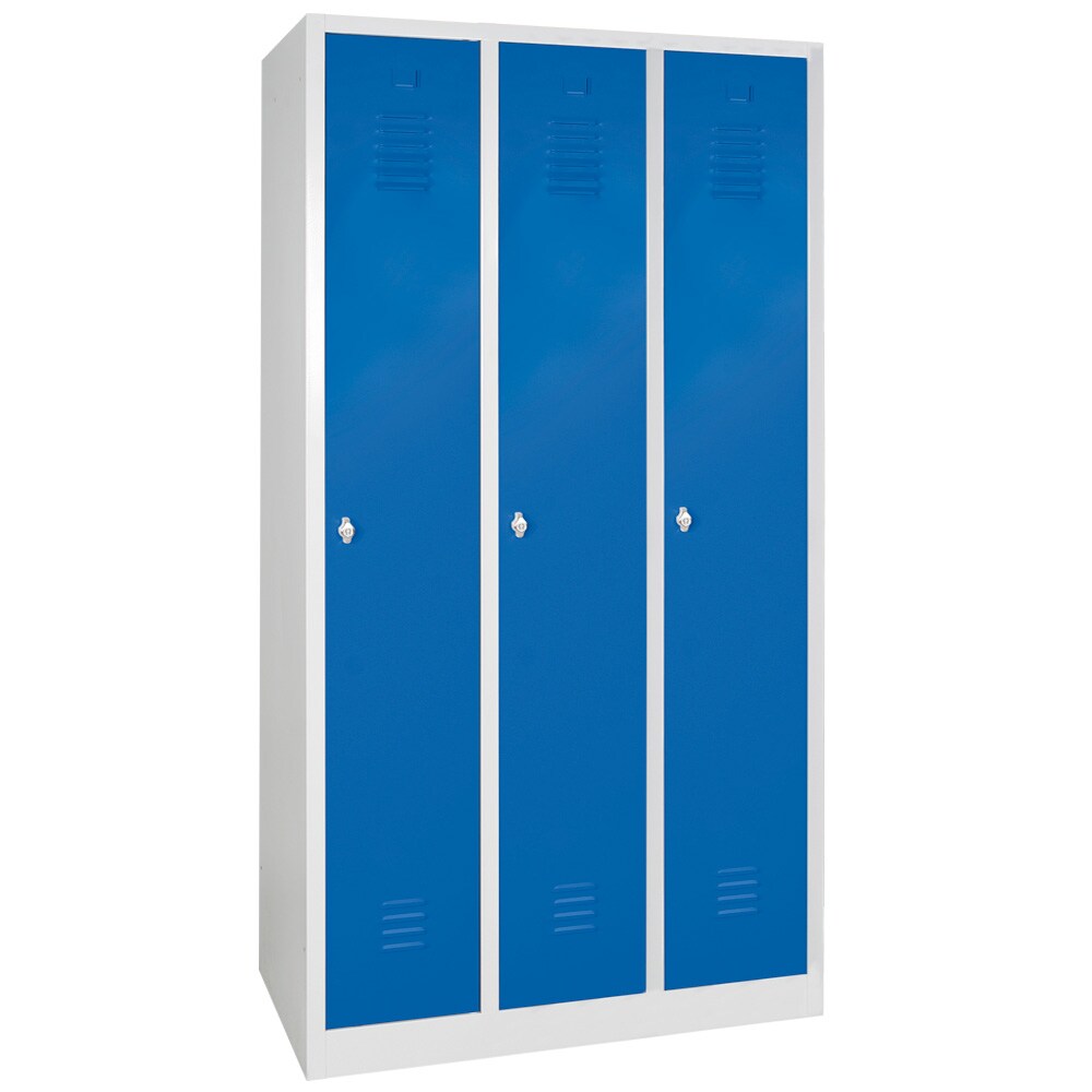 Kleiderspind mit Sockel, 3 Abteile á 300 mm, HxBxT 1800 x 900 x 500 mm, lichtgrau/blau