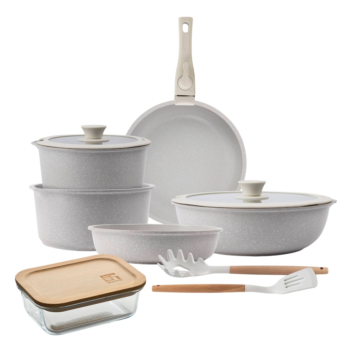 BERGNER - Batería de cocina 10 pcs Aluminio fundido y Antiadherente con Mango extraíble con Hermético de 650 ml en Vidrio de Borosilicato