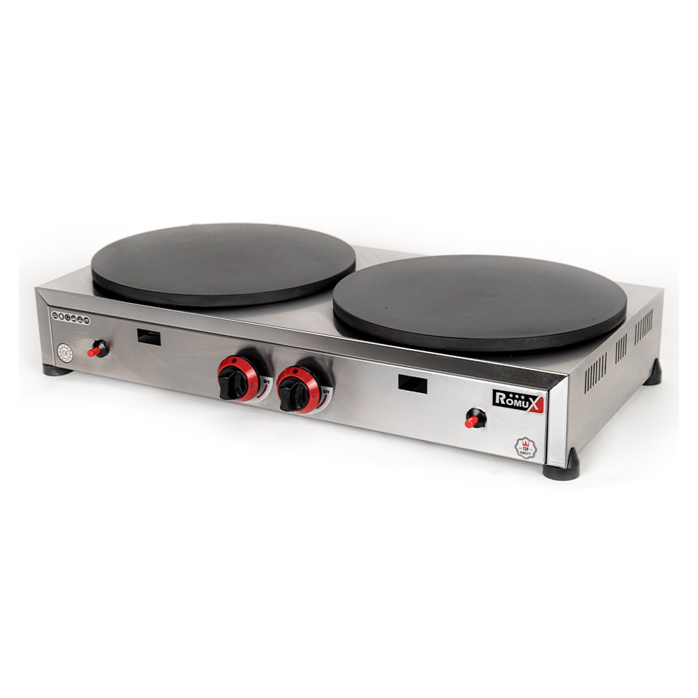 Romux® Crepera Profesional Doble a Gas de Sobremesa en acero inoxidable con 2 Placas de Hierro Fundido de 40 cm Ø | Crepera Industrial - 6000 W