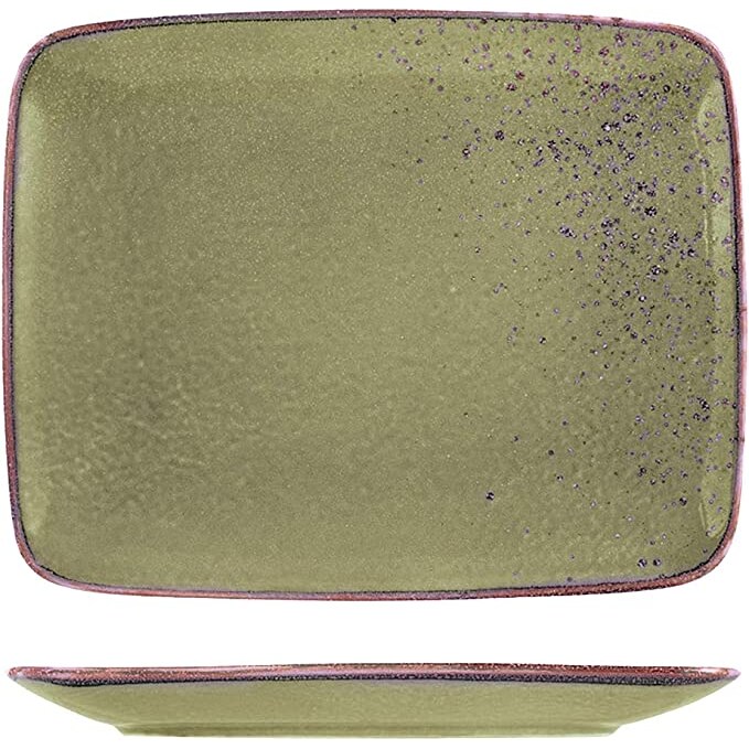 H&H Confezione 6 Piatti Rettangolari Reactive Stoneware, Verde, Cm 29x23