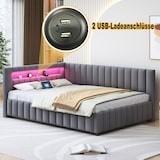 thumbnail of Polsterbett 140x200 mit LED-Beleuchtung, USB-Anschluss und Samtbezug – L-förmiges Design, stabiler Lattenrost, verstellbares Kopfteil, Grau