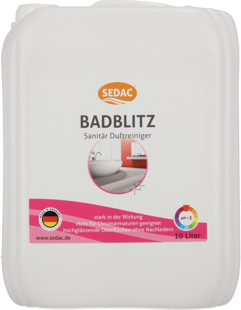 SEDAC Badblitz Sanitär Duftreiniger 10L – Badreiniger auf Zitronensäure-Basis – Kalkreiniger für hochglänzende Oberflächen – Putzmittel im Kanister
