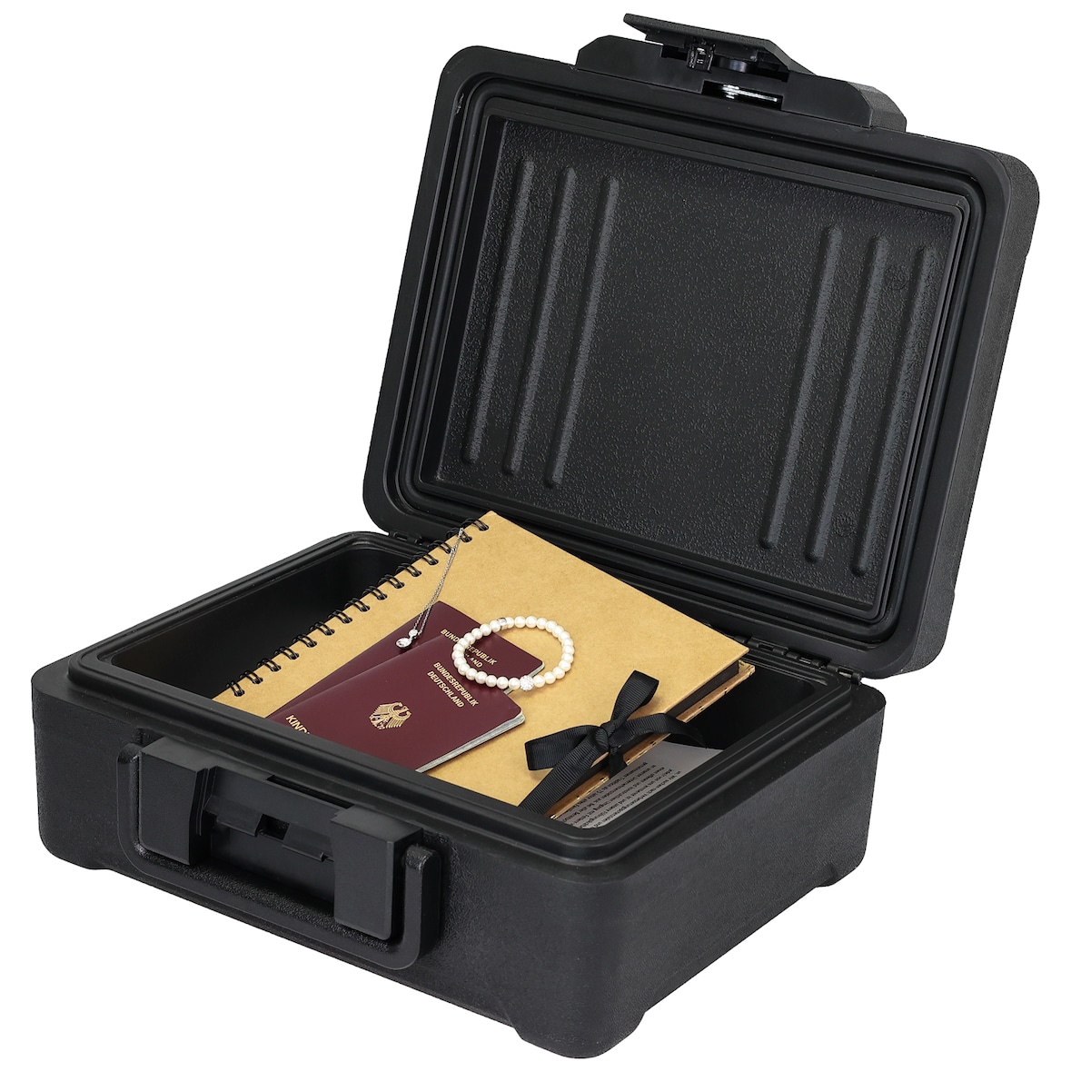 HMF Feuerfeste Dokumentenbox DIN A4, wasserdichte Geldkassette abschließbar, 36,5 x 32 x 15,5 cm, Schwarz