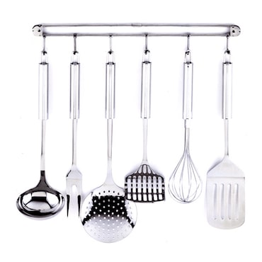 Kaiser Juego de Utensilios de cocina de Acero Inoxidable: Colgador, Cucharón, Tenedor Trinchar, Espumadera, Prensa Patatas, Batidor, Espátula.