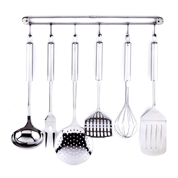Kaiser Juego de Utensilios de cocina de Acero Inoxidable: Colgador, Cucharón, Tenedor Trinchar, Espumadera, Prensa Patatas, Batidor, Espátula.