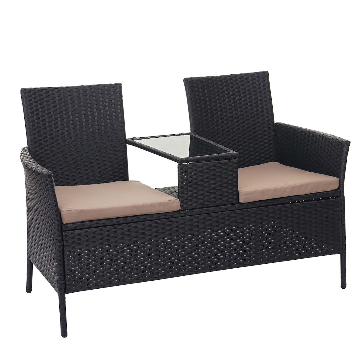 Panca in poly rattan con tavolo HWC-E24, panca da giardino gruppo di seduta divano da giardino, 132cm ~ nero, cuscini crema