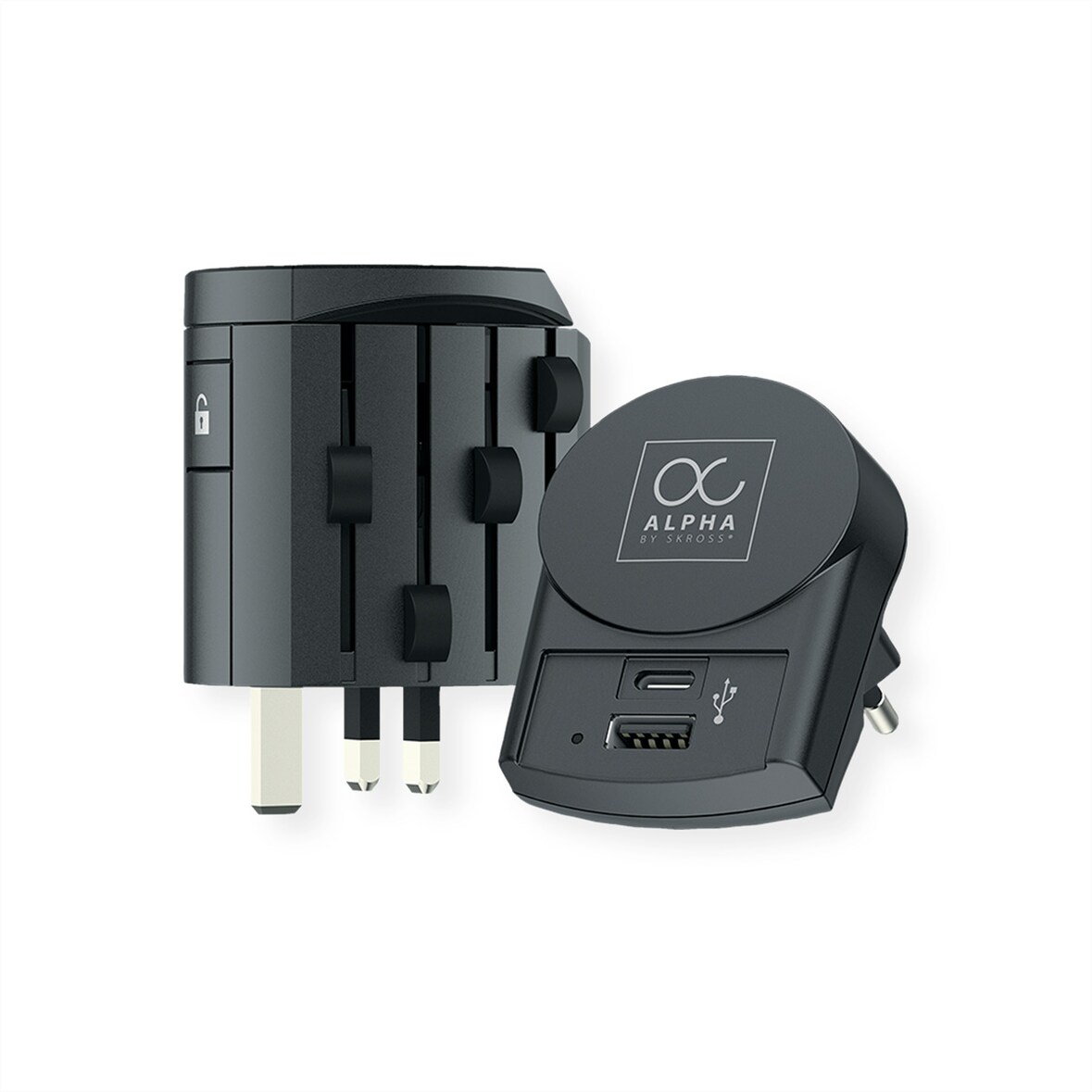 Skross Alpha met Europa USB Oplader A/C Universele reisadapter, Wereldwijd