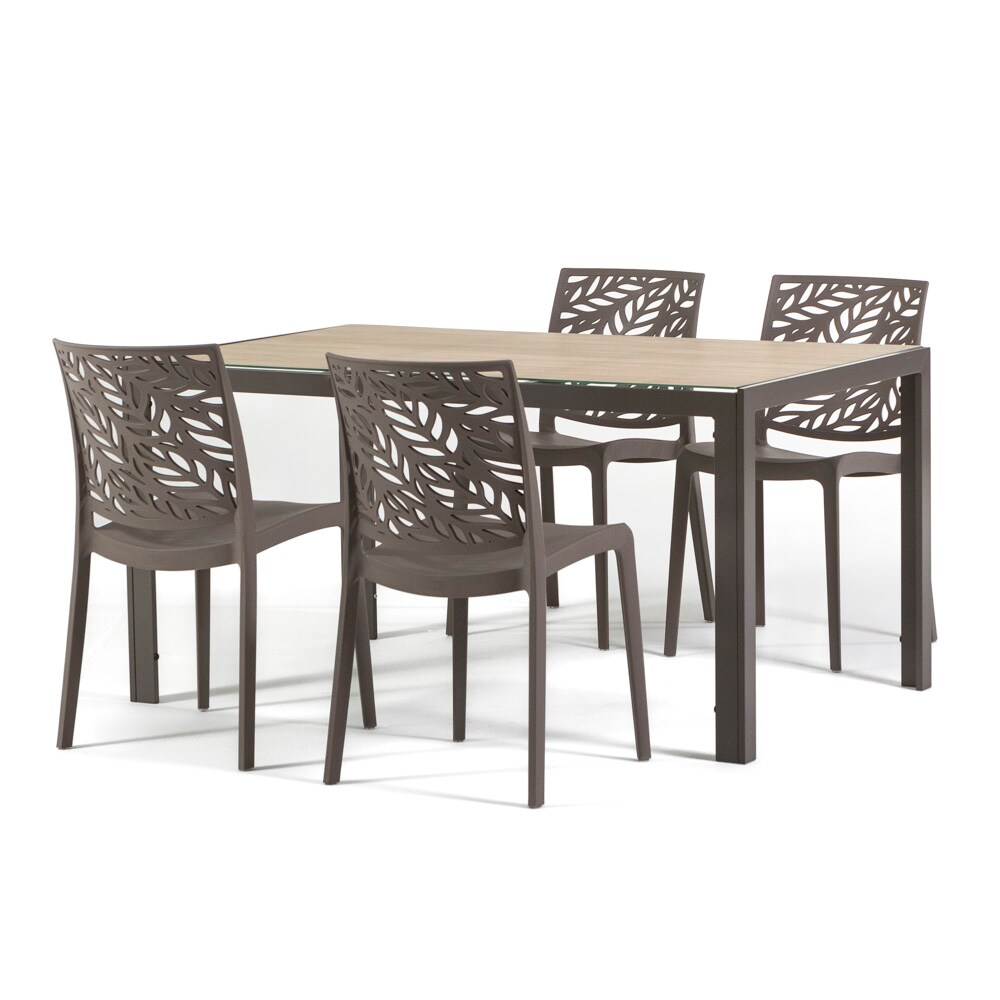 Ensemble salle a manger aluminium taupe avec 4 chaises en polypropylène taupe empilables et plateau effet bois – MILO+DAFNE Taupe/Taupe/Bois