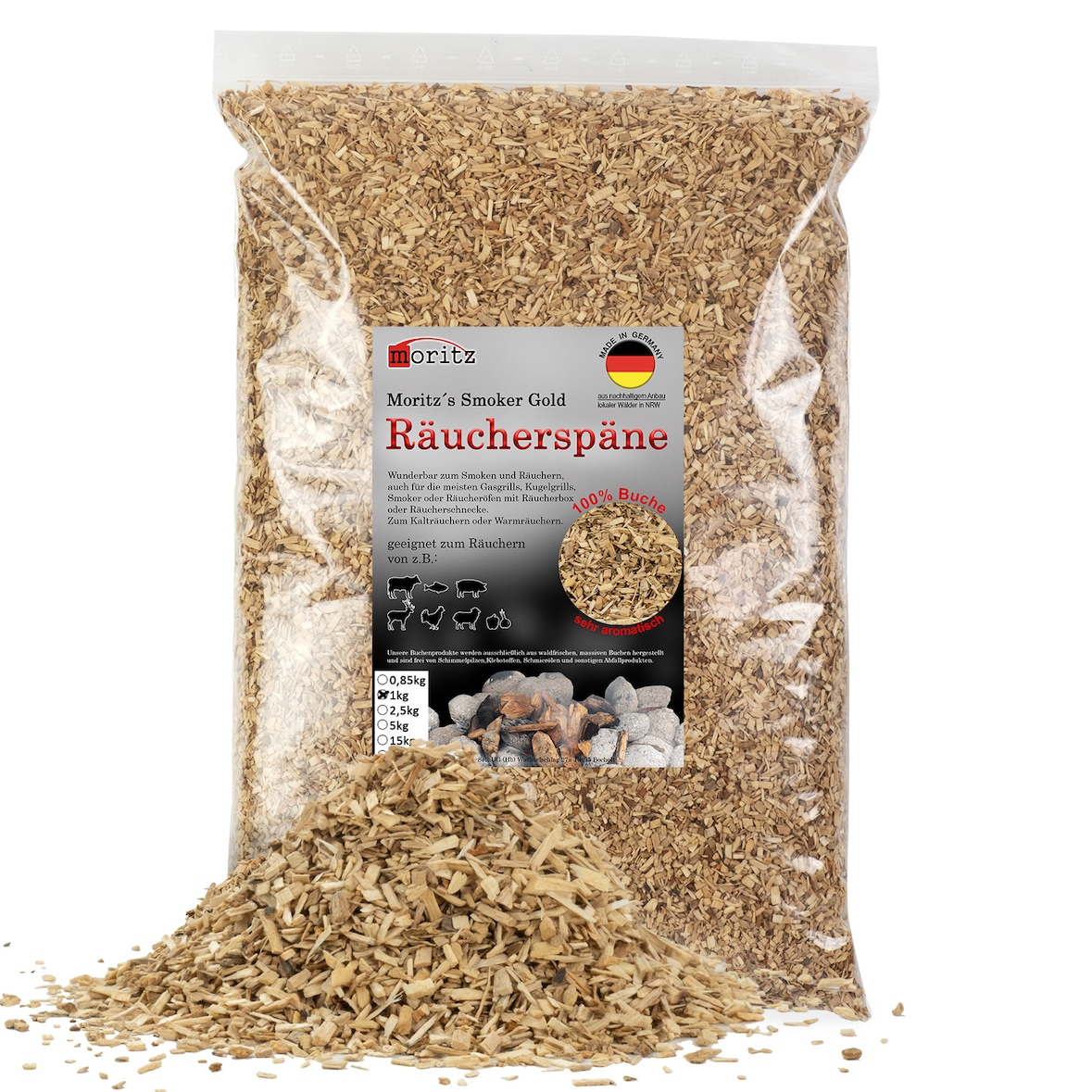 Moritz 1kg Räucherspäne Buche fein 0,75 -2 mm Räuchern I Kalträuchern von Fisch Fleisch Wurst Käse Gemüse auch für BBQ I Grill - Räuchermehl