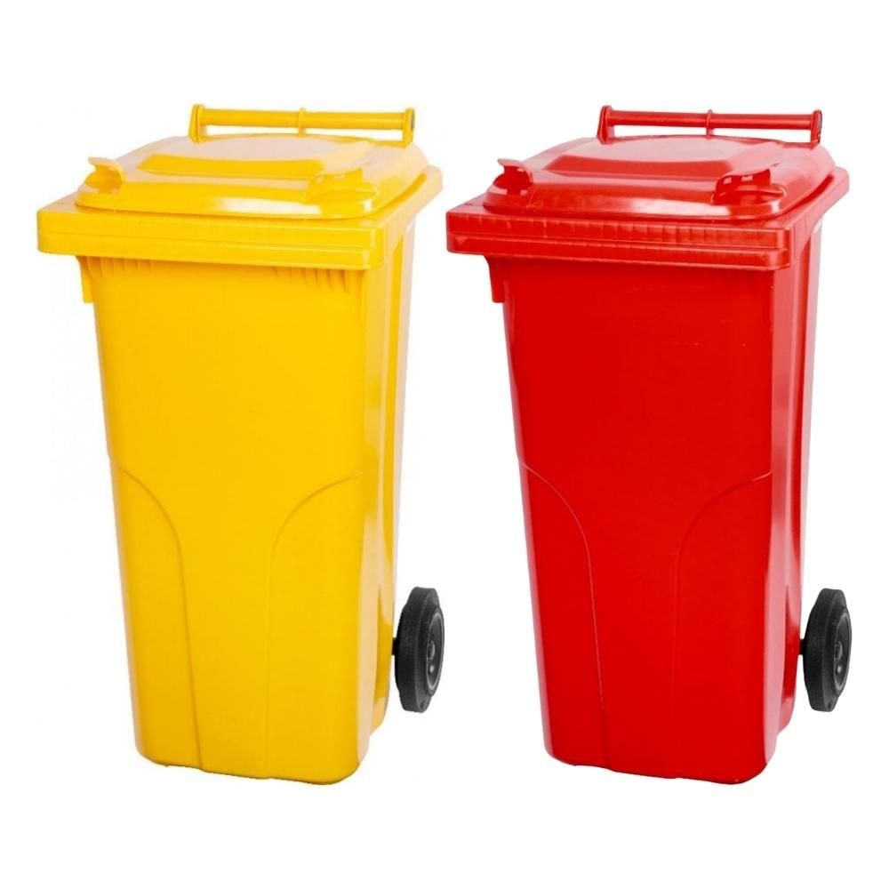 Mega Deal 2x PROREGAL 2-Rad-Mülltonne, 120 Liter, HDPE Kunststoff, Gelb & Rot, Mülltonne, Müllgroßbehälter, Mülleimer, Abfalltonne, Müllbehälter